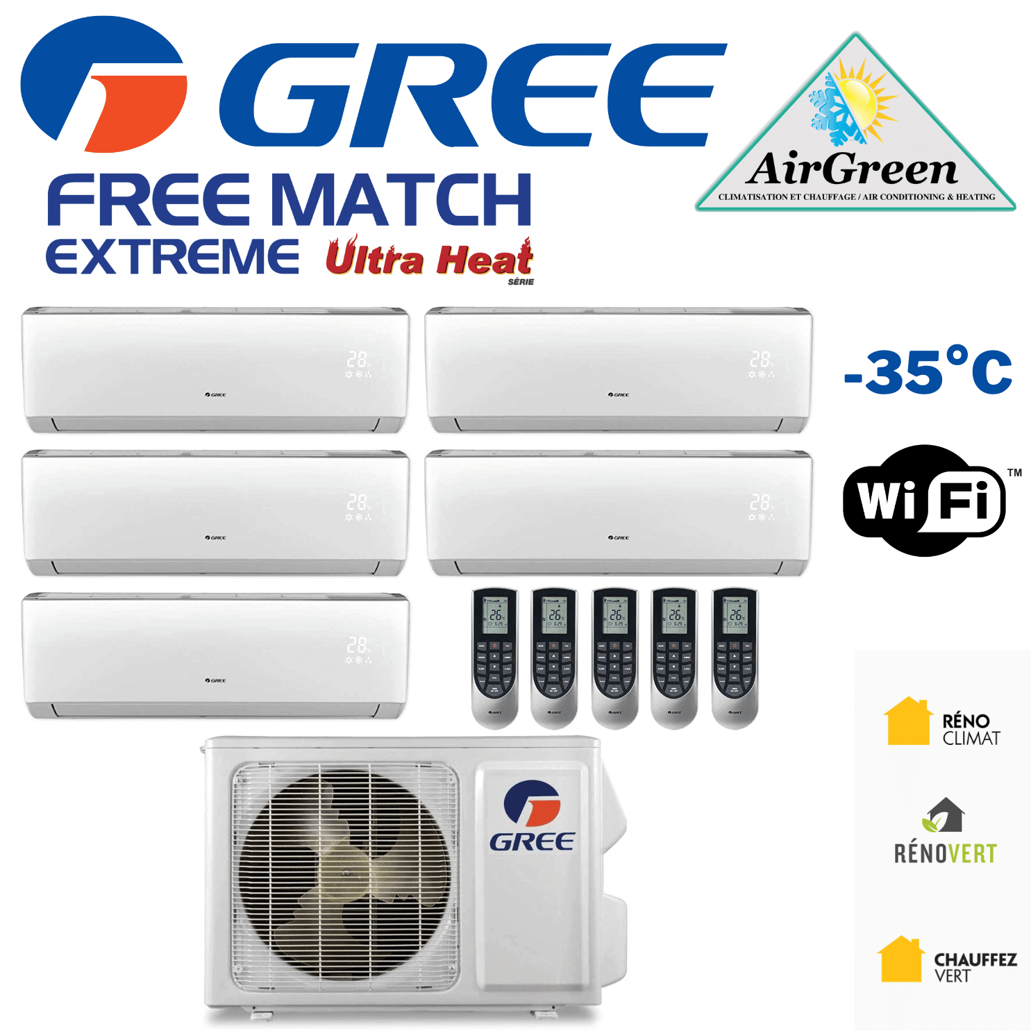 Thermopompe Cinq Zone Gree Free Match Extreme Compresseur 42 000 BTU
