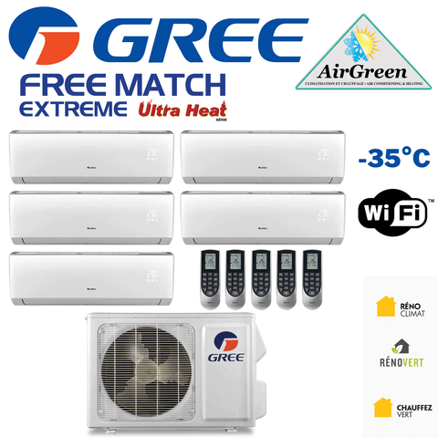 Thermopompe Cinq Zone Gree Free Match Extreme Compresseur 42 000 BTU Montréal avec technologie UltraHeat et Wi-Fi