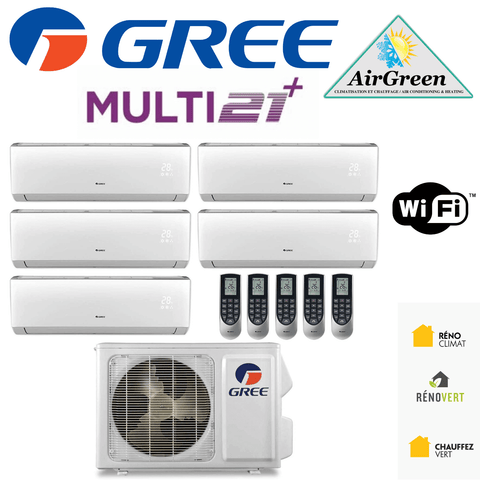 Thermopompe Cinq Zone Gree Multi21+ Compresseur 42 000 BTU Montréal avec télécommandes et unités murales WiFi.