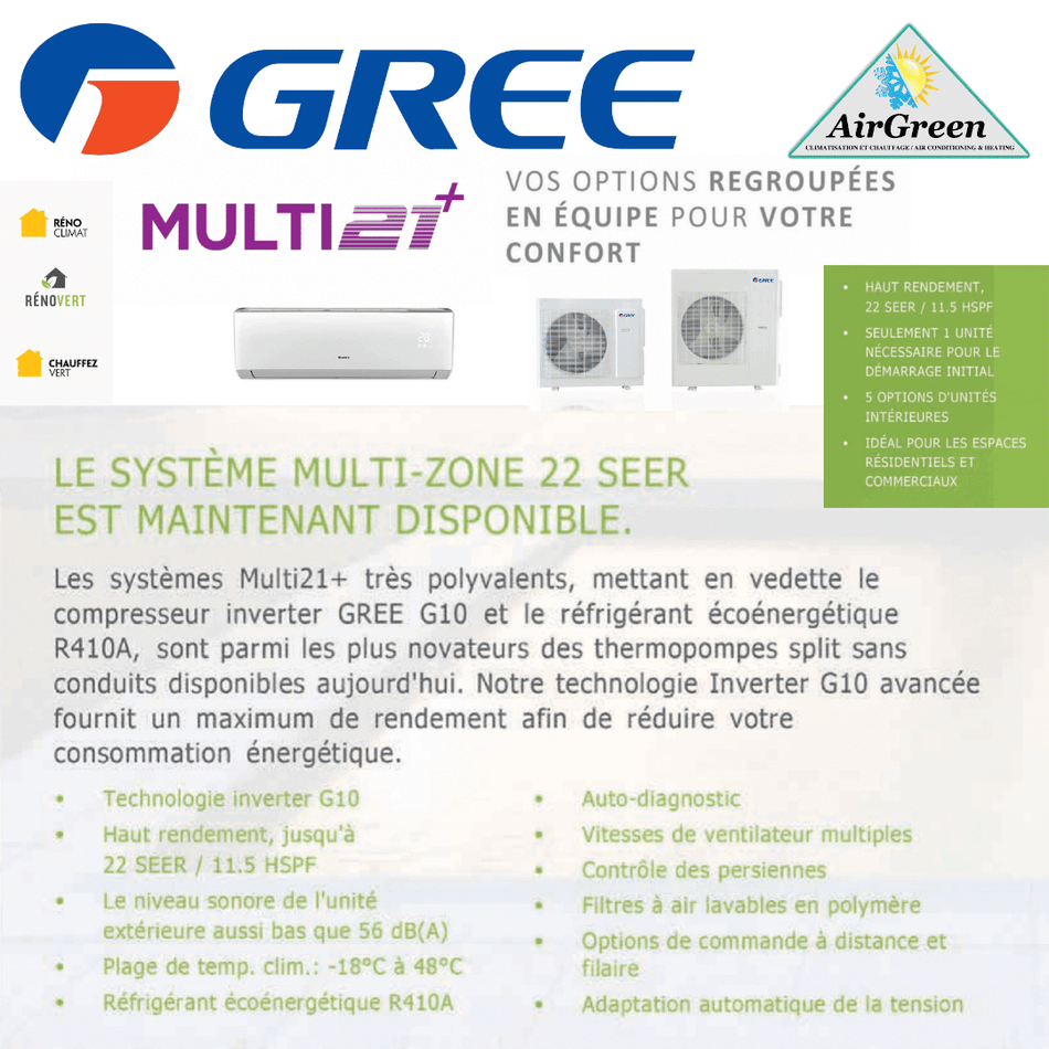 Thermopompe Quad Zone Gree Multi21+ Compresseur 42 000 BTU Montréal