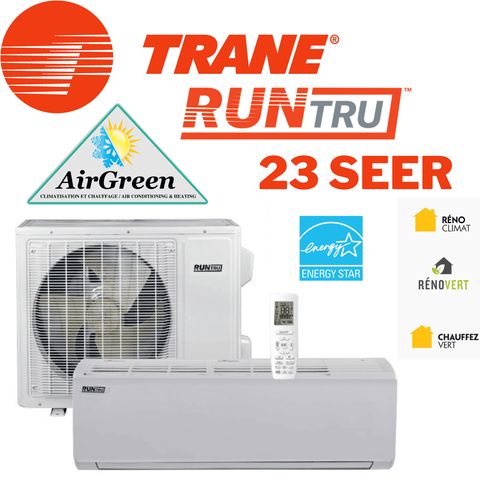 Thermopompe Murale Trane RunTru 23 SEER de 18 000 BTU (-30°C) Montréal avec télécommande et logos Energy Star, RénoClimat, RénoVert.