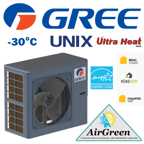 Thermopompe Centrale Gree UNIX 2 Tonnes pour chauffage et climatisation, modèle ultra heat avec certifications énergétiques.