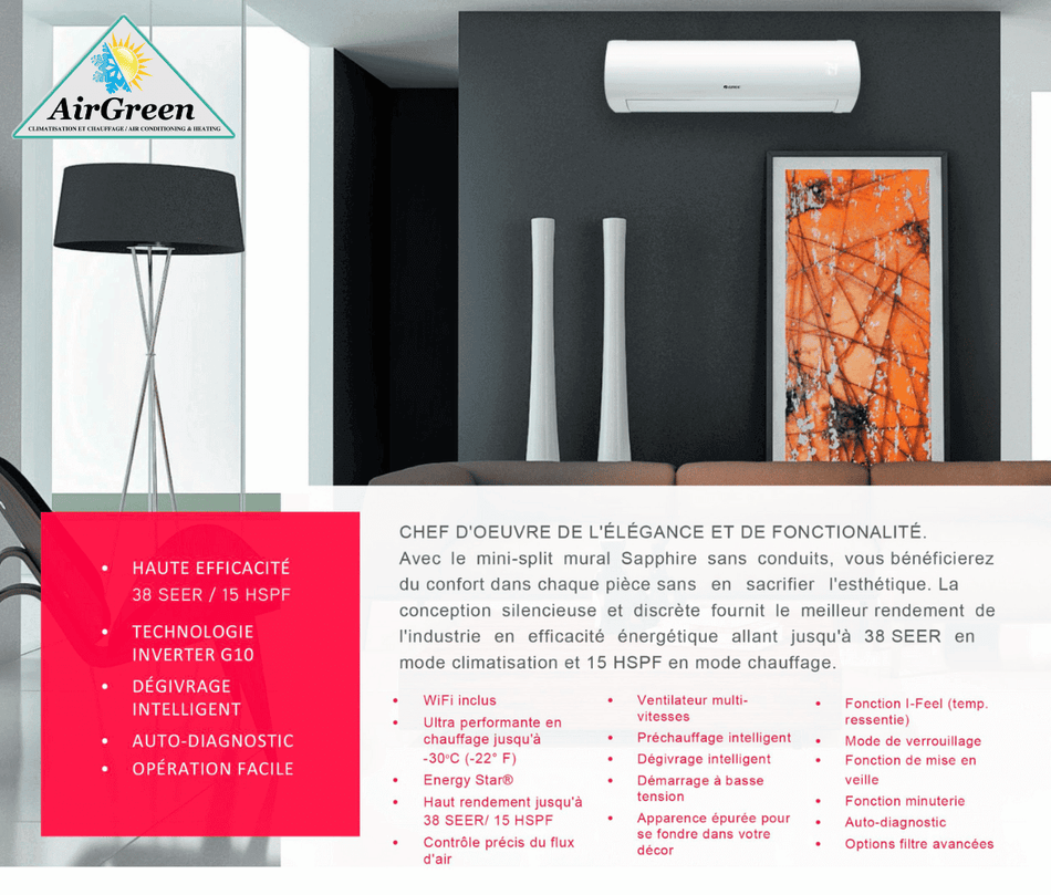 Wall Mounted Heat Pump GREE SAPPHIRE of 18 000 BTU Montreal (-30°C)