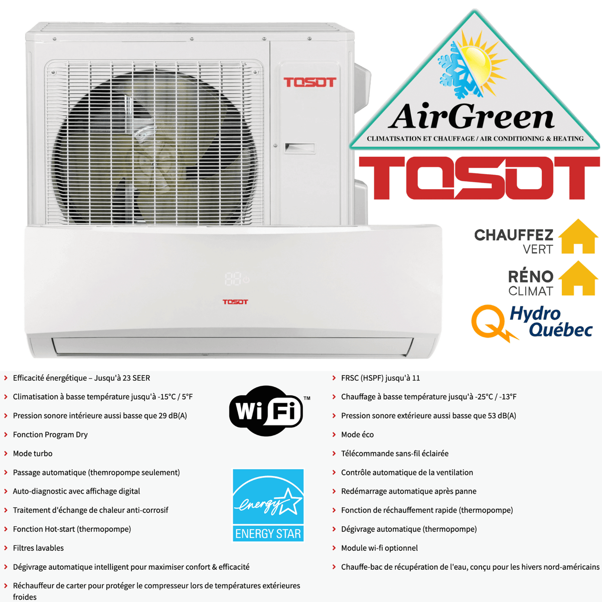 Thermopompe Murale Tosot LOMO 23 de 12 000 BTU spec sheet with relevant information