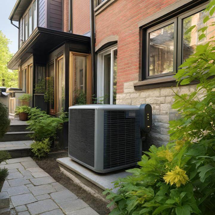 Système de thermopompe centrale moderne à l'extérieur d'une maison, illustrant comment faire durer plus longtemps un système de thermopompe centrale.