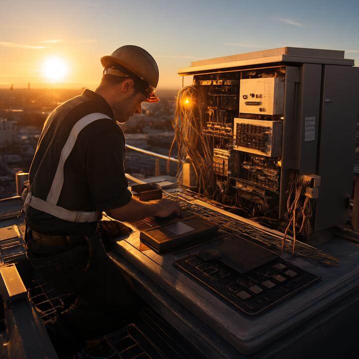 Technicien effectuant un service de climatisation commerciale au coucher du soleil. Combien de temps dure un service de climatisation commerciale?