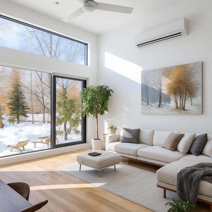 Quelle est l'efficacité énergétique des thermopompes murales? Image d'une thermopompe murale installée dans un salon moderne et lumineux.