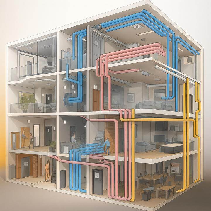 Schéma de ventilation pour assurer une ventilation uniforme dans un immeuble commercial à plusieurs étages avec conduits colorés