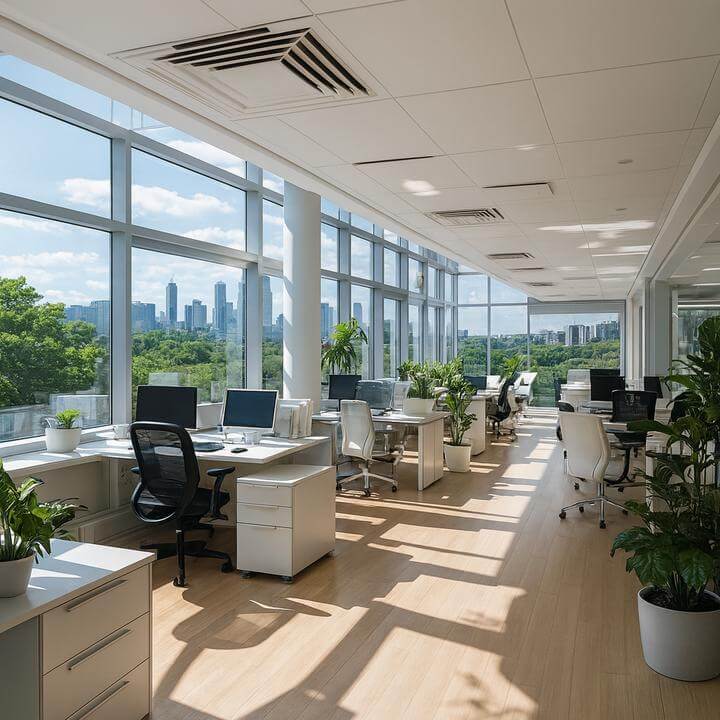 Bureau lumineux illustrant les avantages d'un service régulier de climatisation commerciale avec vue sur Montréal.