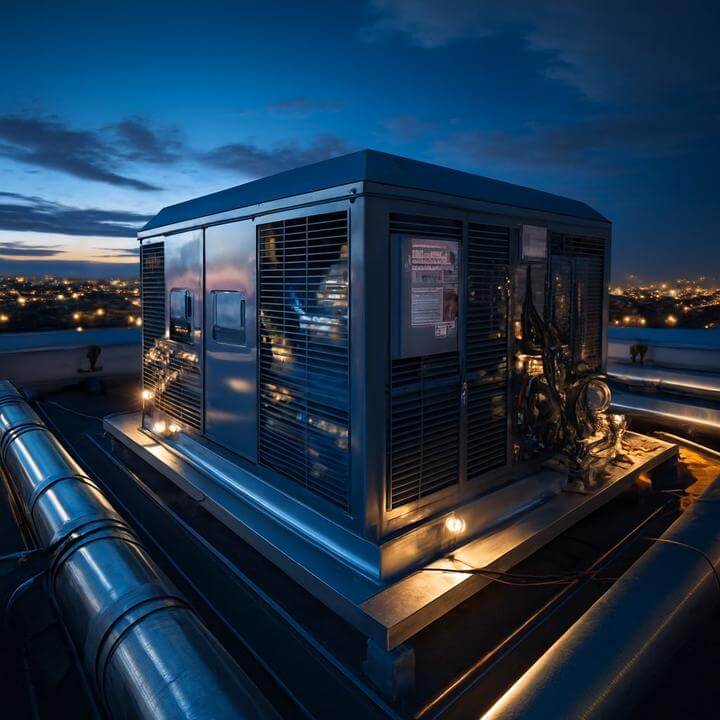 Système de toiture industriel au crépuscule, illustrant "À quelle fréquence les systèmes de toiture doivent-ils être entretenus ou maintenus?"