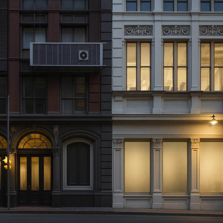 Les mises à niveau CVC peuvent-elles augmenter la valeur immobilière des bâtiments de bureaux illustrées par des façades modernes.