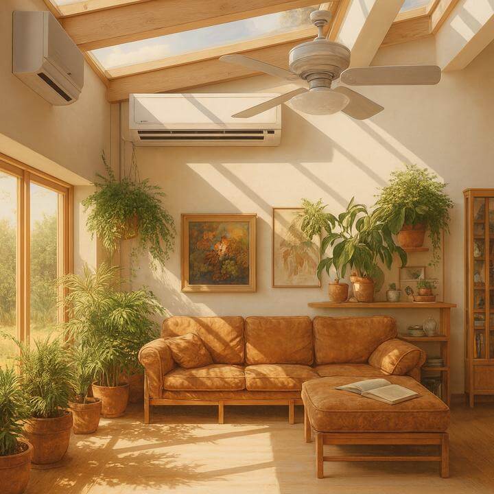 Intérieur avec thermopompe murale, quel est la durée de la garantie pour une thermopompe murale, salon lumineux et plantes vertes