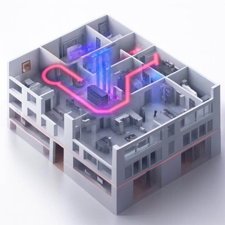 Schéma 3D illustrant l'utilisation de ventilateurs de récupération d'énergie dans les espaces commerciaux, montrant le flux d'air optimisé.