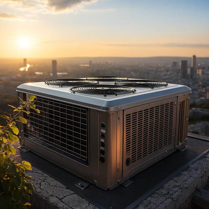 Climatisation sur un toit pour illustrer comment les systèmes de toiture gèrent-ils l'humidité et la ventilation en milieu urbain.