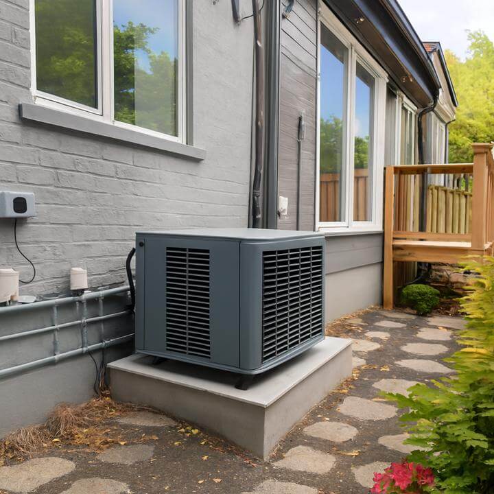Système de thermopompe centrale installé à l'extérieur d'une maison, illustrant "Quel type d'entretien est requis pour un système de thermopompe centrale?"