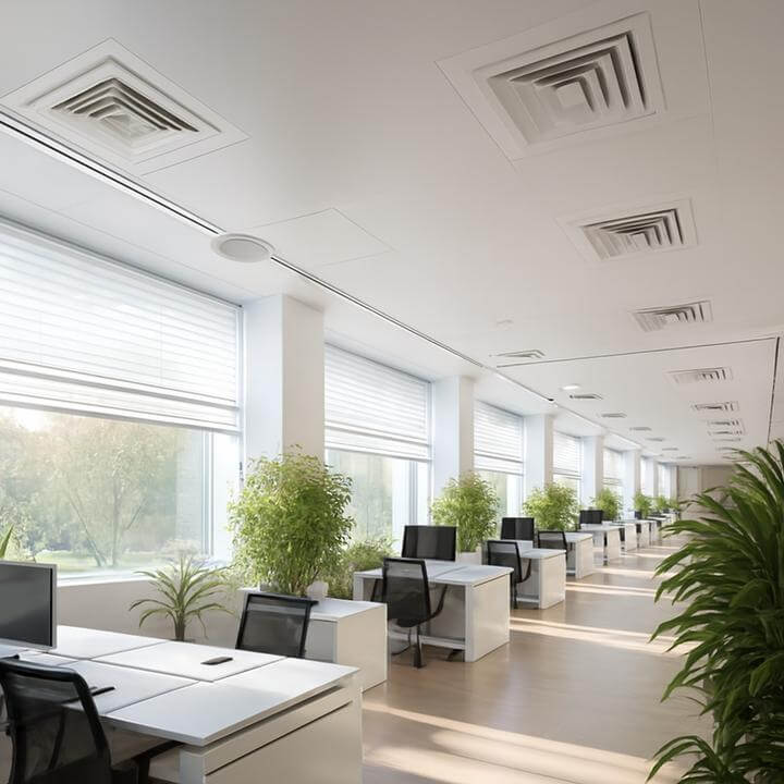 Pourquoi une ventilation adéquate est-elle essentielle pour les espaces de bureaux? Ventilation moderne dans un bureau lumineux avec plantes.