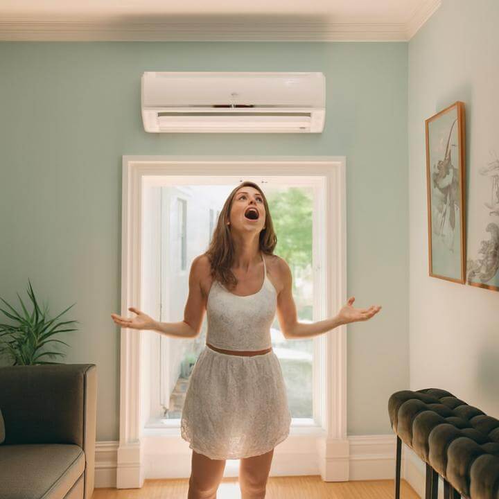 Femme remarquant le bruit d'un climatiseur mural, illustrant la question: Un climatiseur mural est-il bruyant?