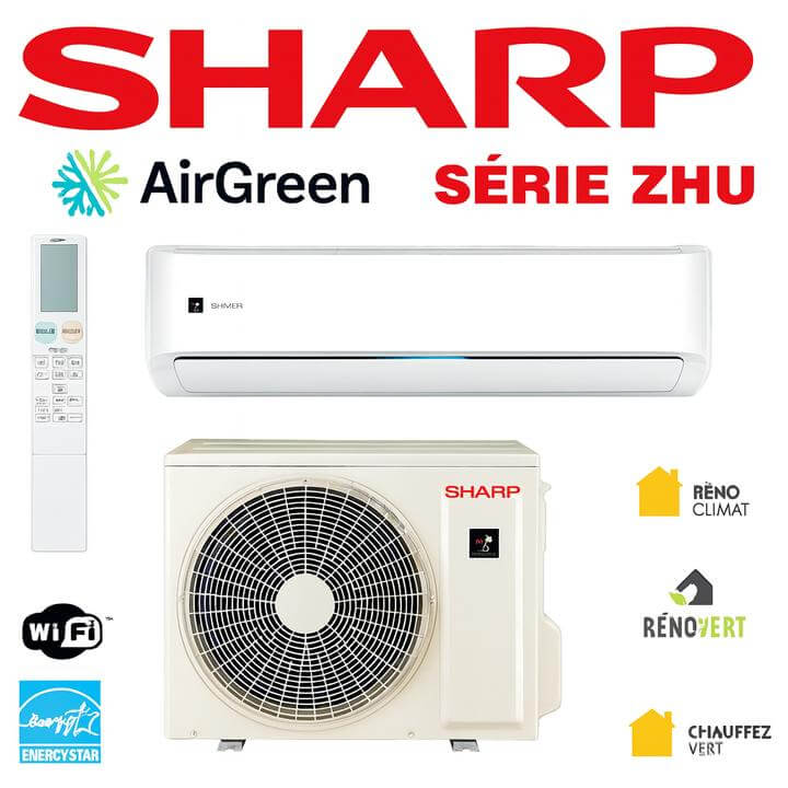 Installation d'une thermopompe murale Sharp ZHU à Saint-Léonard, Montréal, montrant l'unité sur un toit avec câblage connecté.