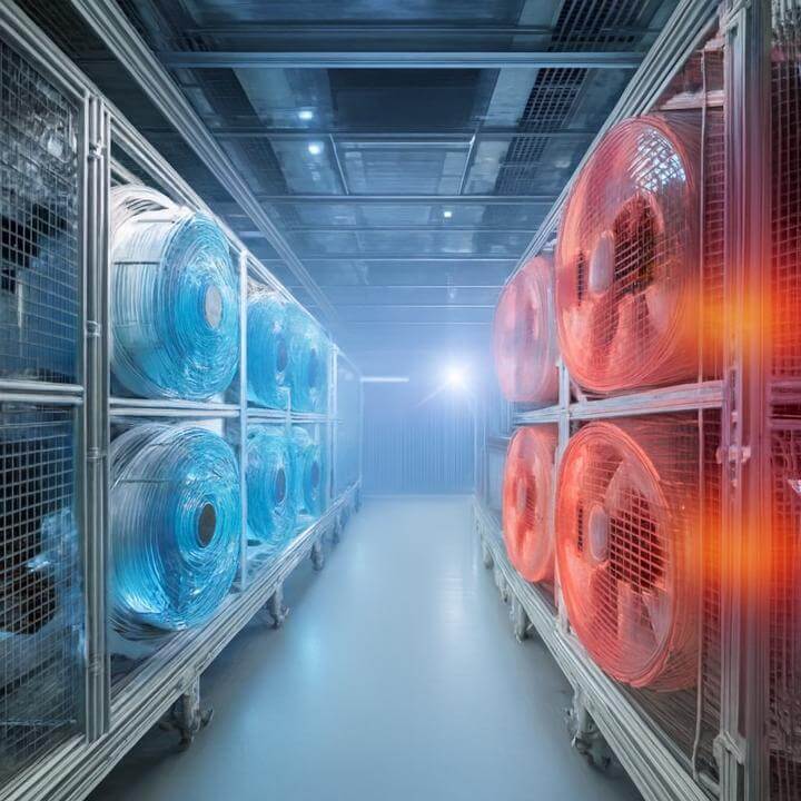 Système de réfrigération commerciale montrant son impact sur la qualité de l'air intérieur dans un environnement industriel.