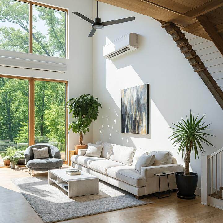 Modern living room with a wall-mounted air conditioner; un climatiseur mural peut-il refroidir plusieurs pièces?