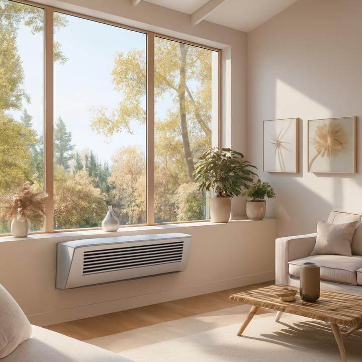 Unité PTAC installée dans un salon moderne, démontrant à quel point les unités PTAC sont-elles silencieuses pendant leur fonctionnement?