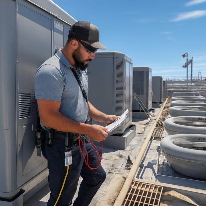 Technicien vérifiant un système de CVC commercial sur un toit. Un système de CVC commercial nécessite-t-il une alimentation électrique dédiée?