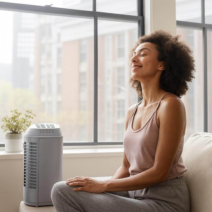 Collègues profitant d'un bureau avec purificateurs d'air et systèmes CVC intégrés pour une qualité d'air optimale.