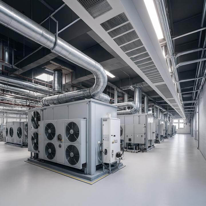 Existe-t-il des systèmes de CVC commerciaux spécifiques pour différentes industries montrant des unités de climatisation modernes