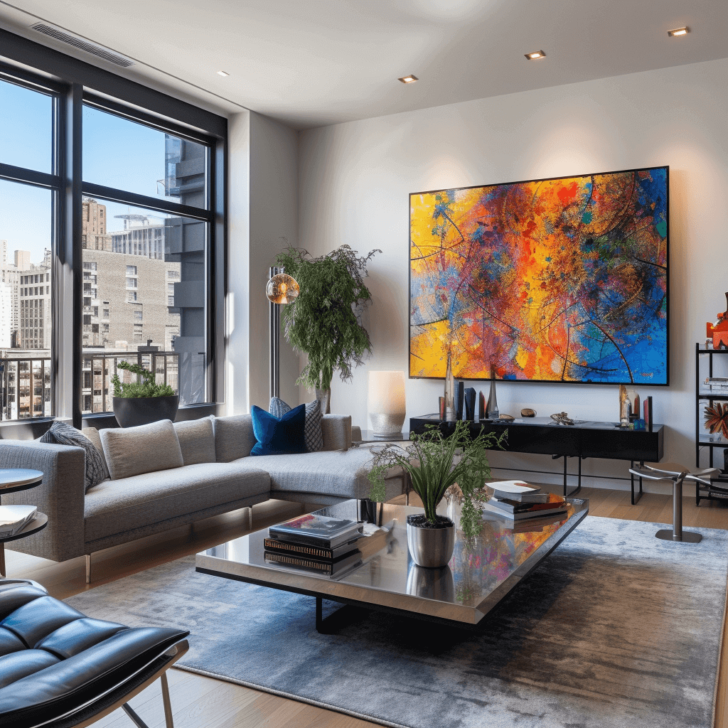 Modern condo living room with vibrant artwork, relevant for: Puis-je obtenir un plan d'entretien CVC personnalisé pour mon immeuble à condos?