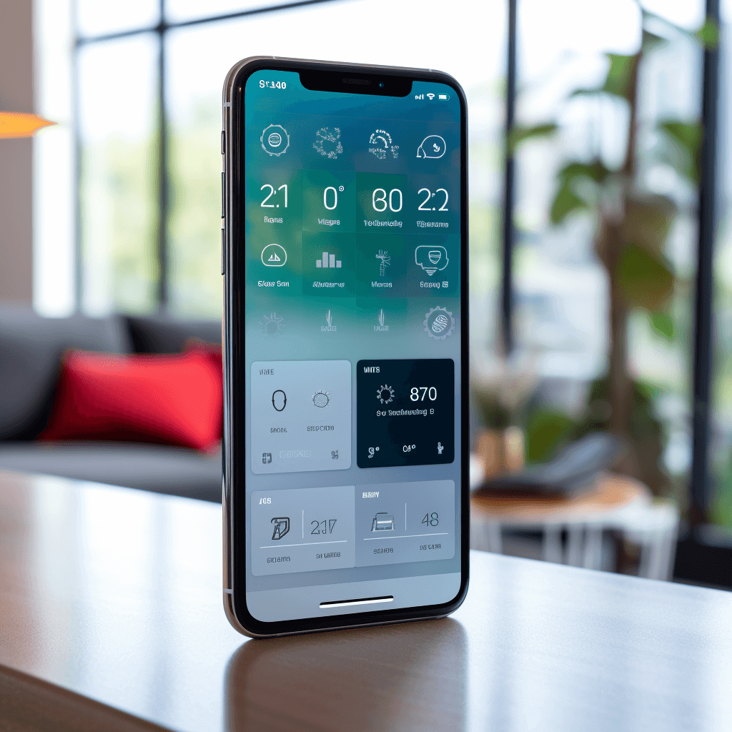 Interface de contrôle à distance pour surveiller le système CVC de mon condo sur smartphone, montrant des graphiques et des données climatiques.