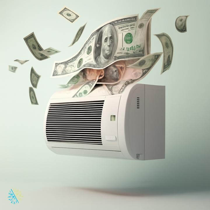 Wall-mounted mini split with banknotes flying out: the value a wall heat pump adds