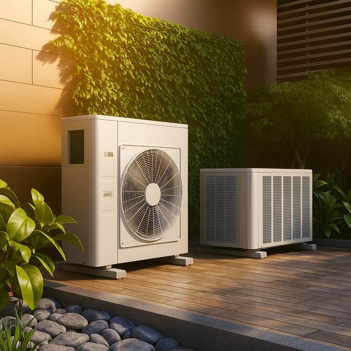 Système de thermopompe centrale à l'extérieur d'une maison, représentant le guide 'Choisir la taille idéale de thermopompe centrale pour votre maison : Guide AirGreen'.