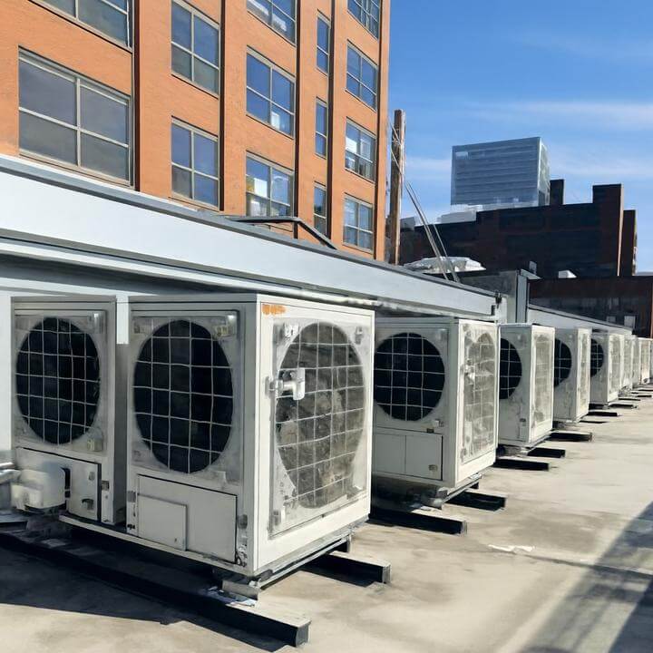 Unités de CVC commerciales sur un toit illustrant quelle est la différence entre les systèmes de CVC résidentiels et commerciaux?