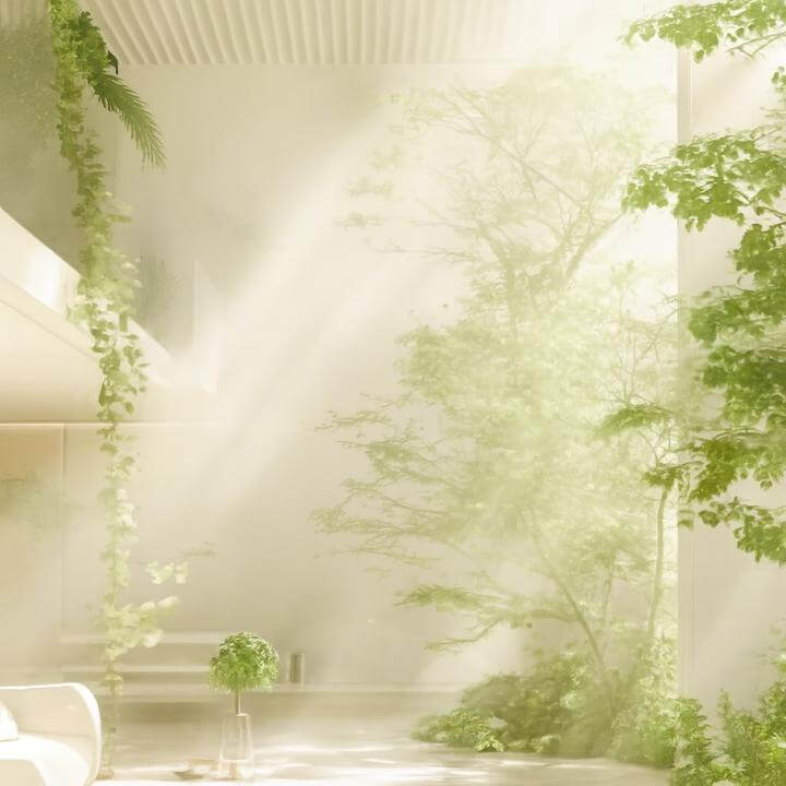 Indoor commercial space with natural light and plants illustrating safety features in industrial dehumidifiers.