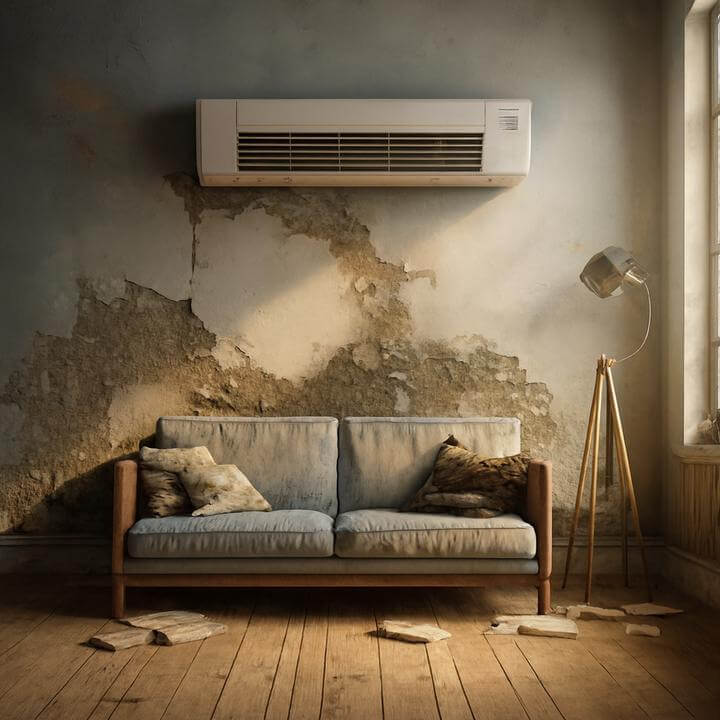 Quelle est la durée de vie d'un climatiseur mural installé dans un salon lumineux et décoré de plantes sur un mobilier vintage.