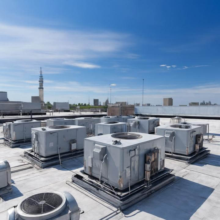 Systèmes monoblocs commerciaux CVC sur un toit, illustrant "Quelle est la durée de vie moyenne d'un système monobloc commercial en CVC?"