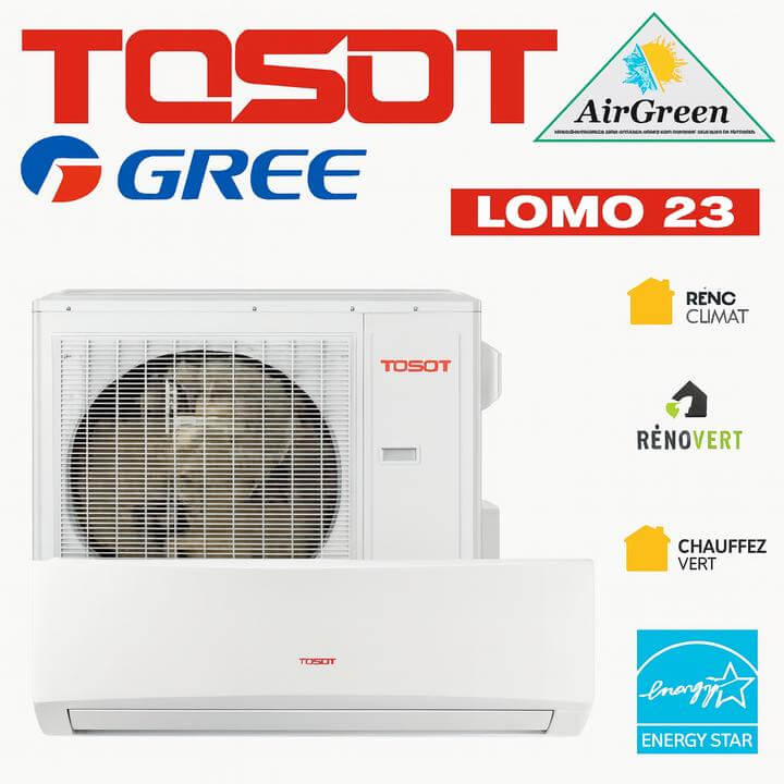 Installation d'une thermopompe murale Tosot Lomo 23 à Dorval, Montréal sur un balcon verdoyant.