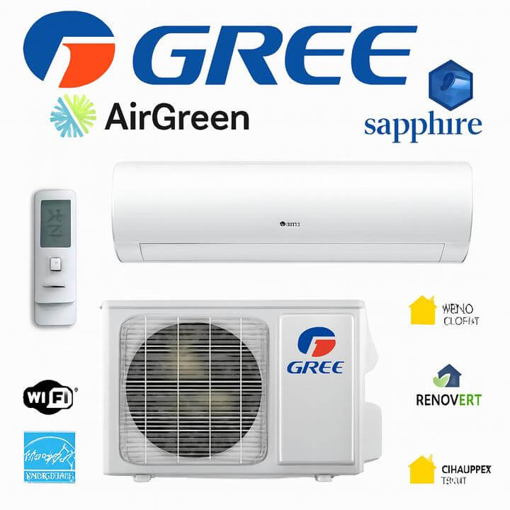 Installation d'une Thermopompe Murale Gree Sapphire à Kirkland, Montréal, montrant l'unité extérieure installée sur une terrasse en bois.