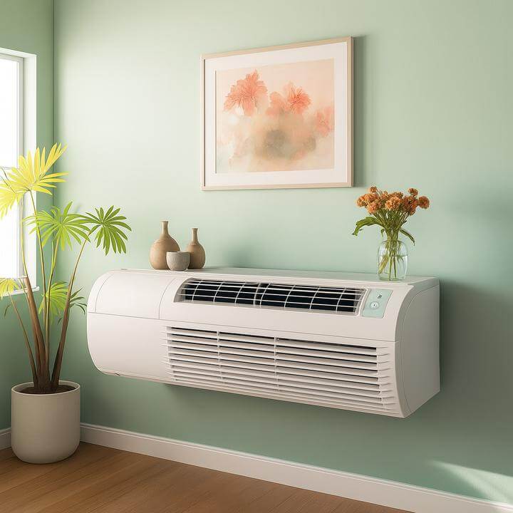 PTAC unit installed on a green wall with decor, illustrating "Combien d'espace est nécessaire pour installer une unité PTAC?"