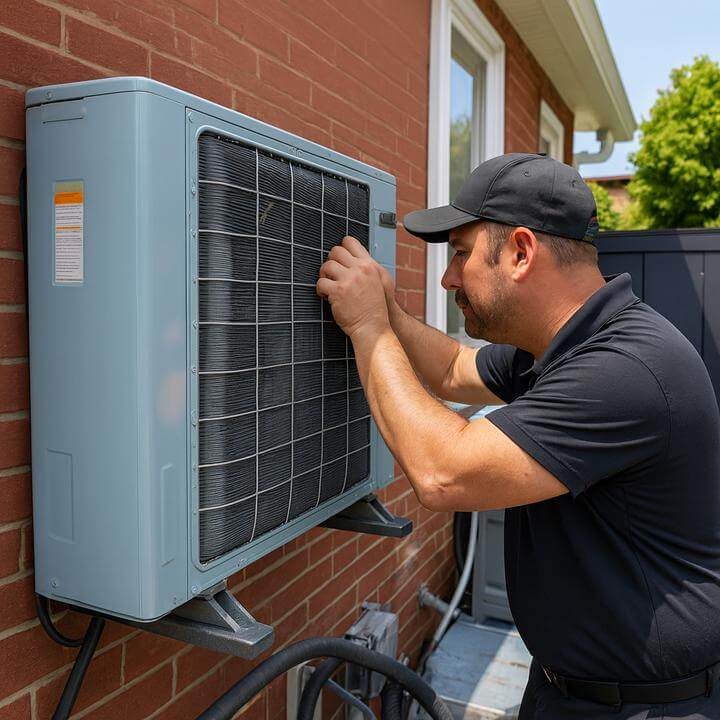 Technicien effectuant le processus d'installation d'un climatiseur mural sur un mur en brique extérieure.