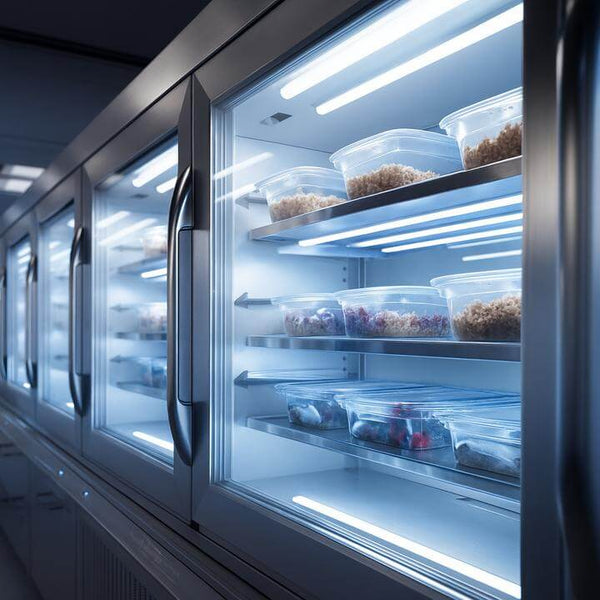 Intérieur de congélateurs commerciaux montrant des bacs alimentaires, illustrant comment les congélateurs commerciaux diffèrent-ils des réfrigérateurs?