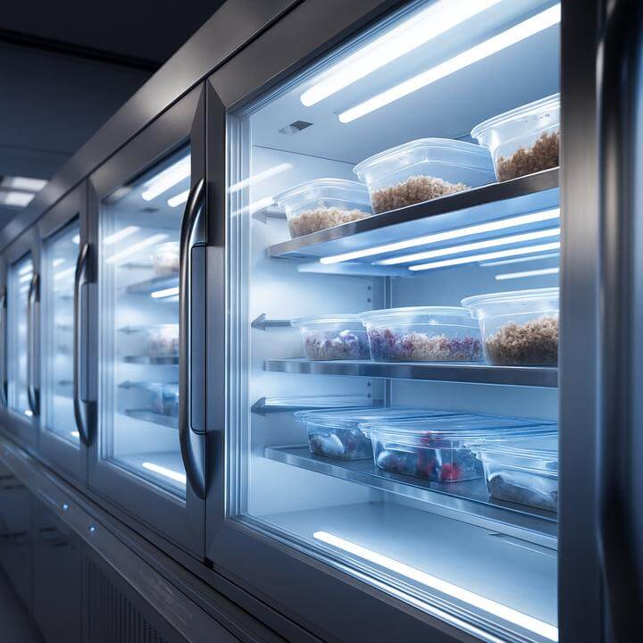 Intérieur de congélateurs commerciaux montrant des bacs alimentaires, illustrant comment les congélateurs commerciaux diffèrent-ils des réfrigérateurs?