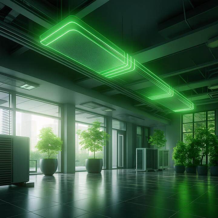 Intérieur moderne avec solutions de ventilation commerciale écoénergétiques et plantes verdoyantes, Existe-t-il des solutions de ventilation commerciale écoénergétiques?