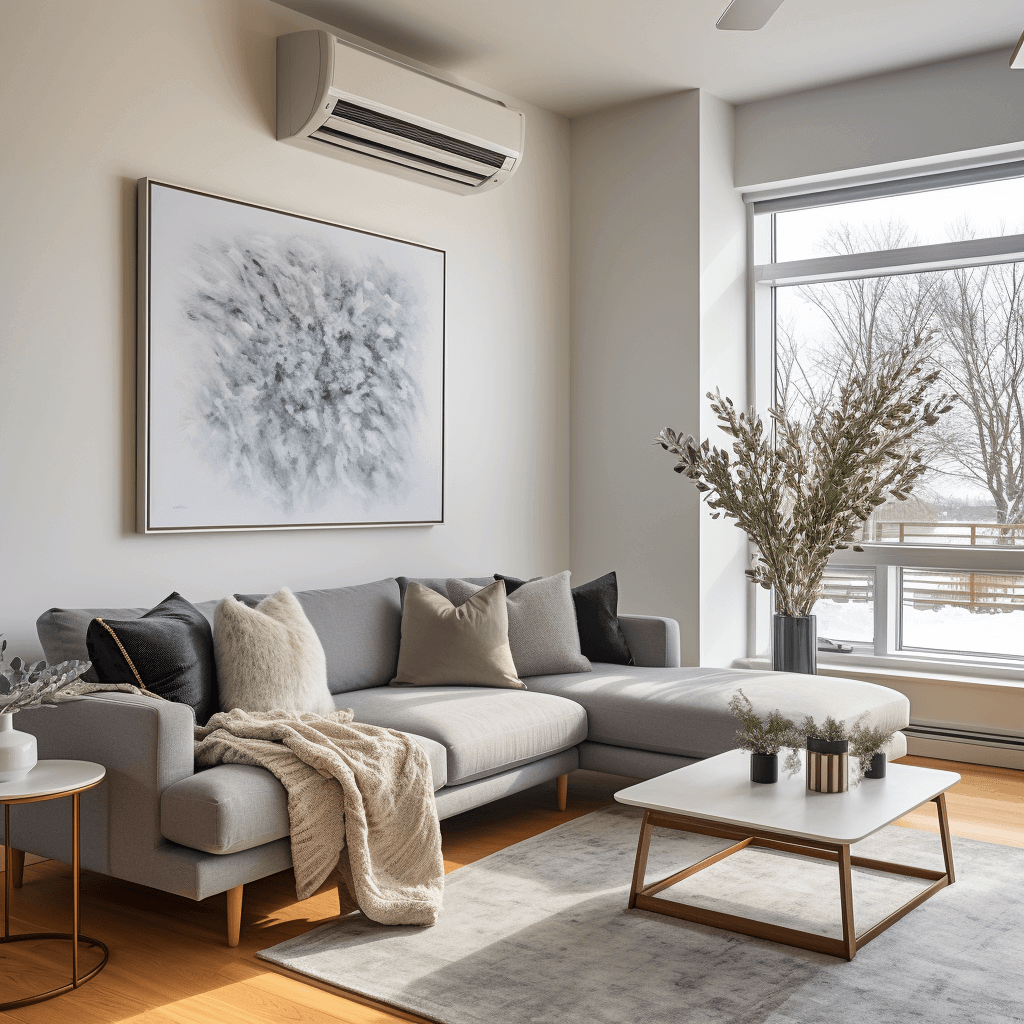 Modern condo living room with HVAC system, highlighting quels sont les avantages d'un entretien régulier du CVC dans un condo?