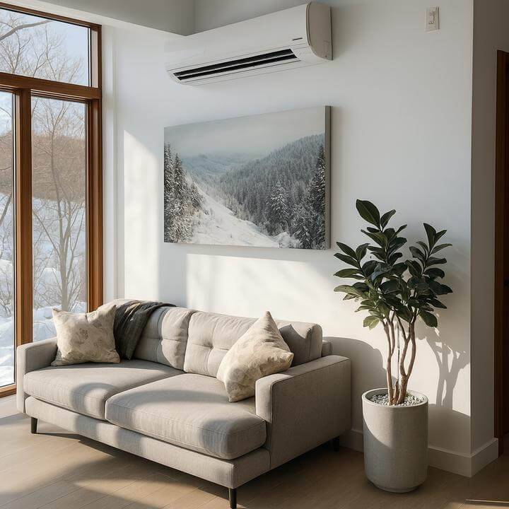 Intérieur montrant une thermopompe murale, illustrant si une thermopompe murale est-elle adaptée à tous les climats, avec vue hivernale