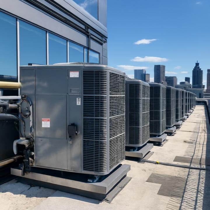 Système de CVC commercial sur un toit avec vue sur la ville. Quelle taille de système de CVC commercial ai-je besoin?