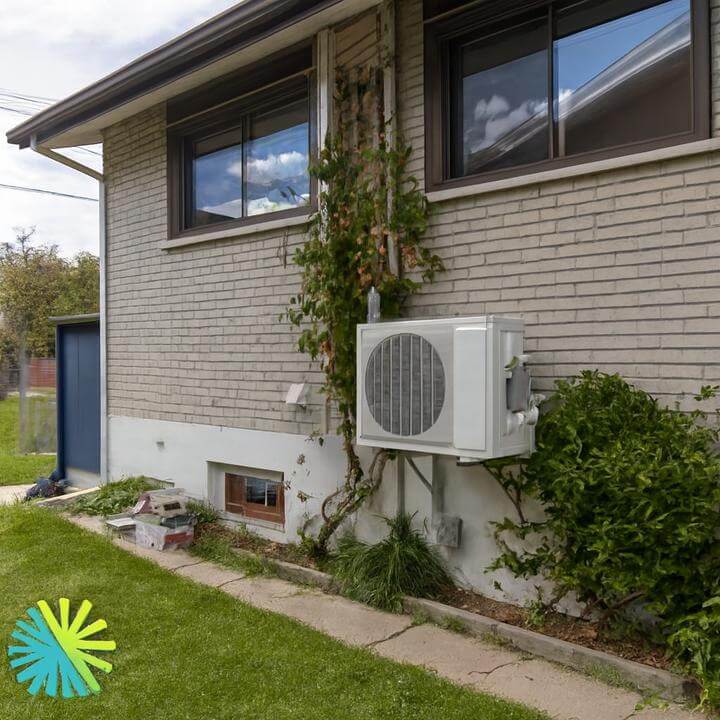 Installation d'une Thermopompe Murale Tosot Lomo 23 à L'Île-Bizard–Sainte-Geneviève sur une maison en brique blanche.