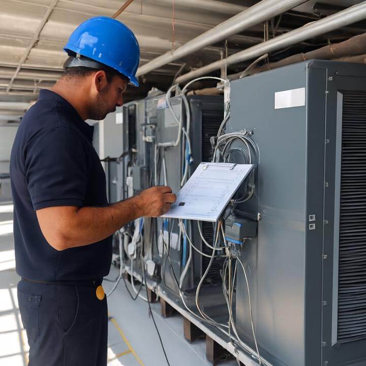 Technicien inspectant un système CVC commercial pour résoudre les problèmes courants avec les systèmes de CVC commerciaux.