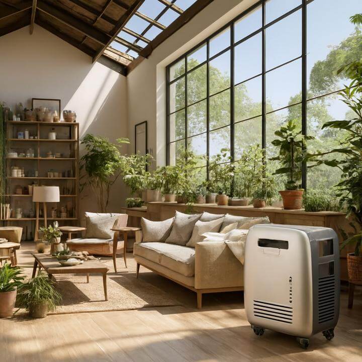 Déshumidificateurs commerciaux dans un espace humide pour prévenir la croissance de la moisissure, montrant des plantes et meubles modernes.