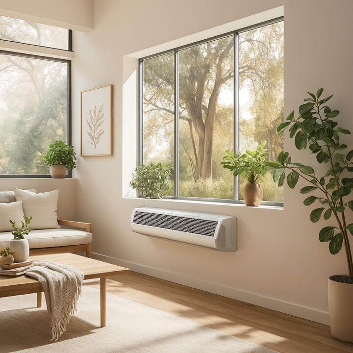 Salon moderne avec une unité PTAC, illustrant l'article "Quelle est la durée de vie moyenne d'une unité PTAC ?".